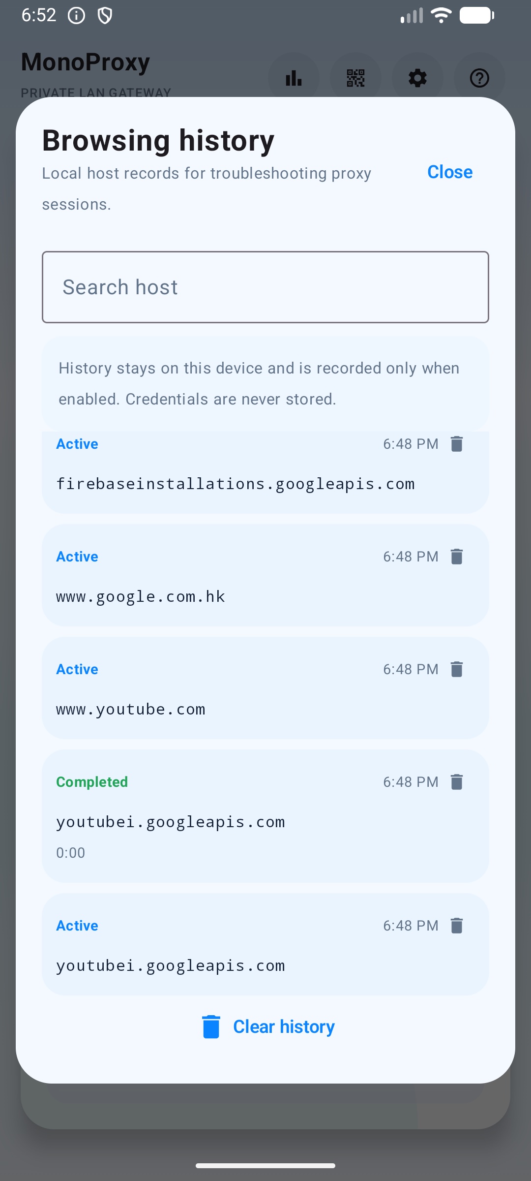 MonoProxy Android browsing history screen with active YouTube and Google proxy sessions