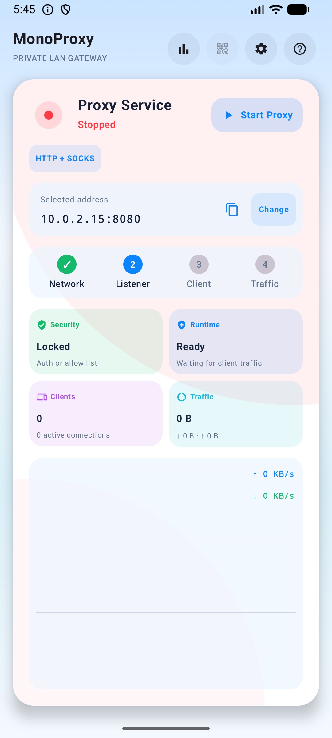 MonoProxy Android home screen before the proxy service starts