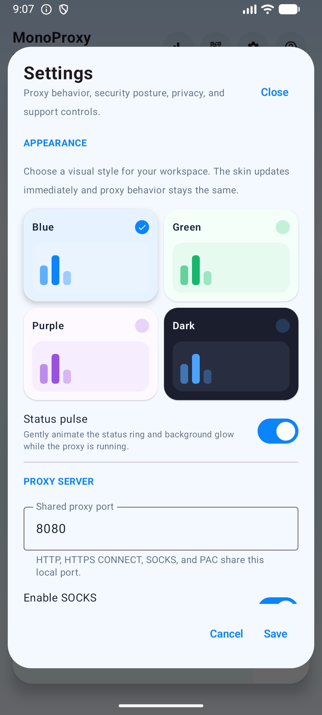 MonoProxy Android settings screen