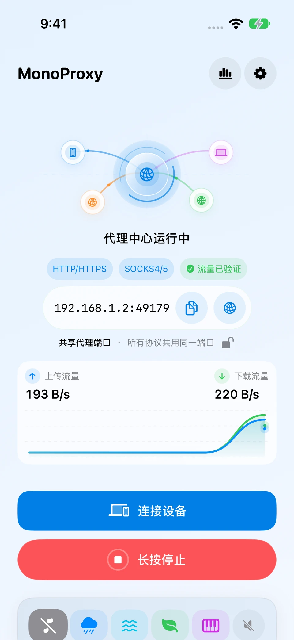 MonoProxy iOS 首页,显示服务地址、已验证流量与长按停止按钮