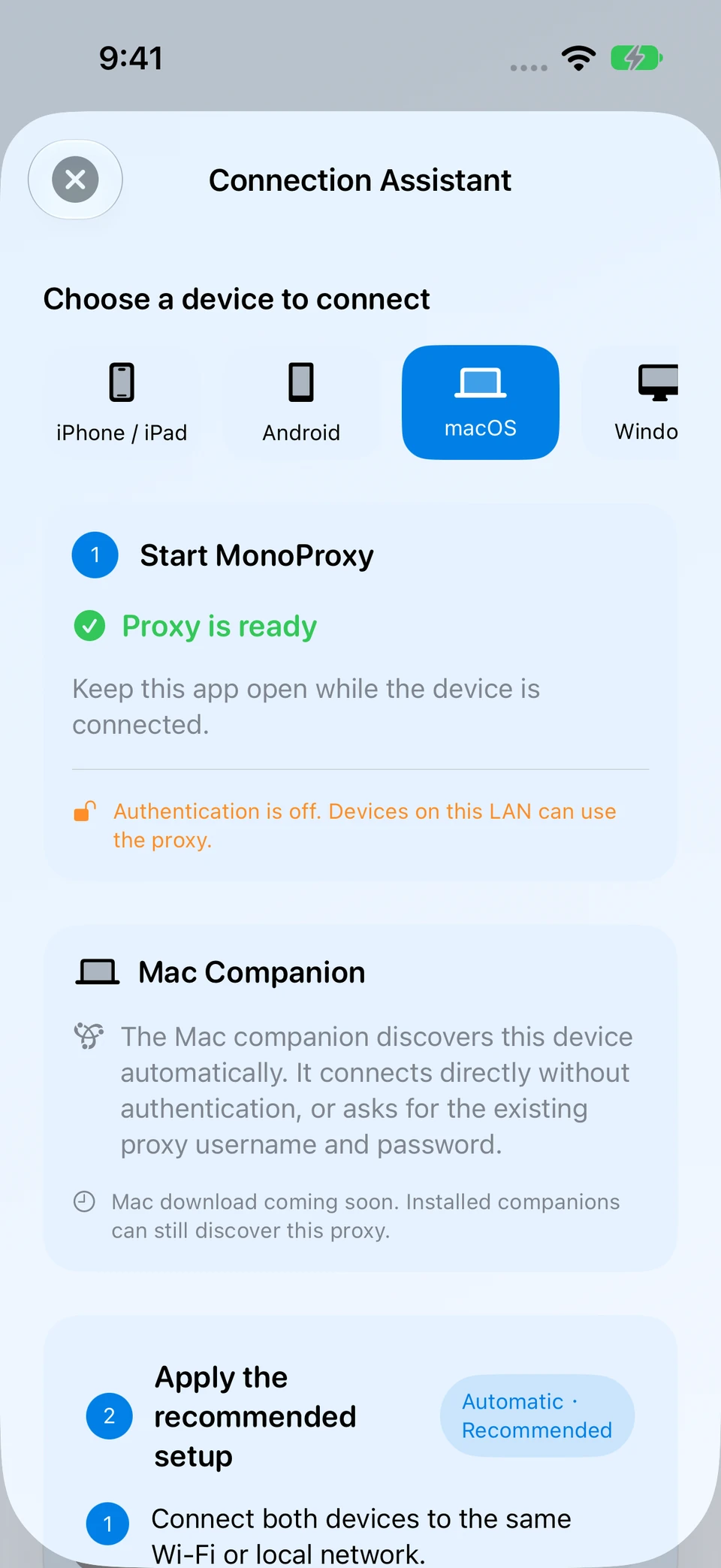 macOS を選んだ iOS 接続アシスタント