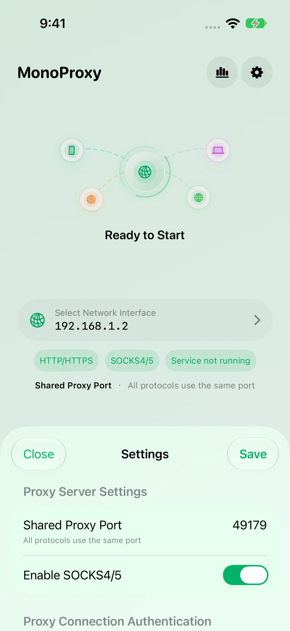 iOS の外観とプロキシ設定