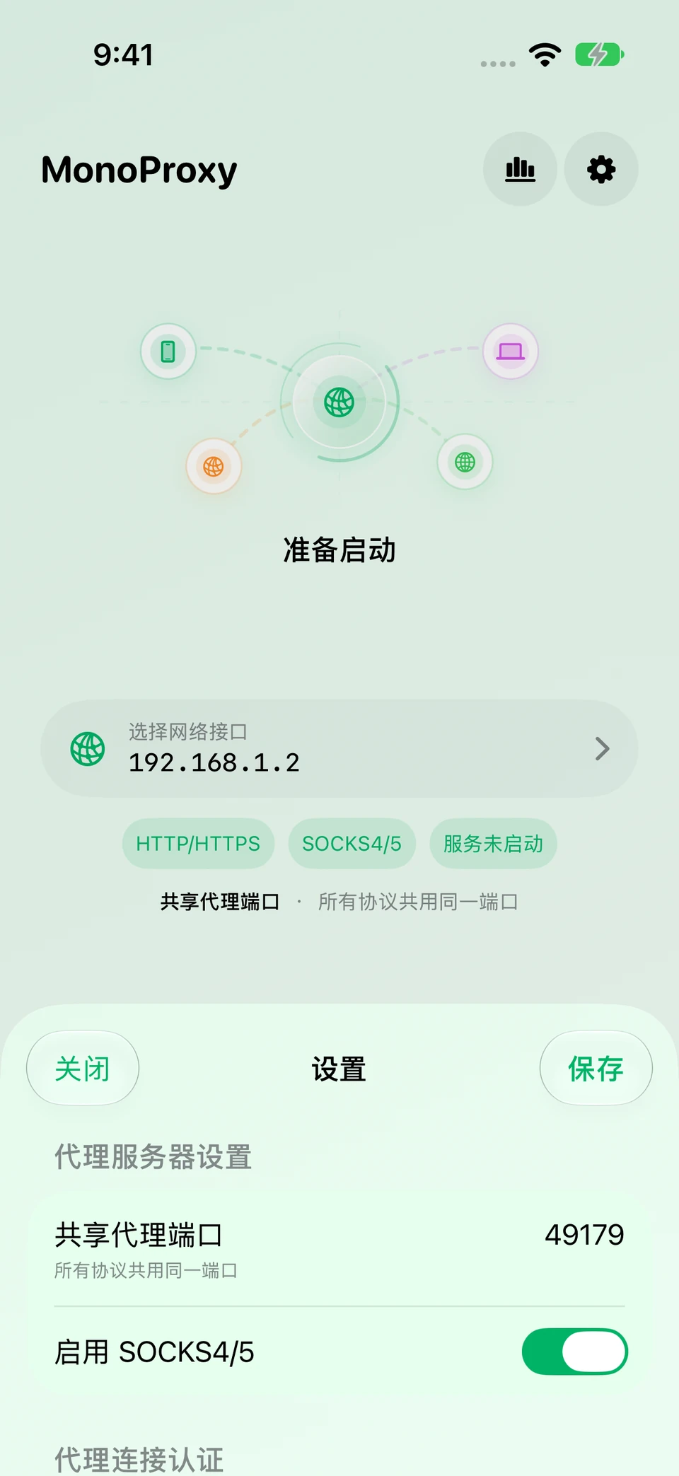 iOS 设置,包含外观与代理控制
